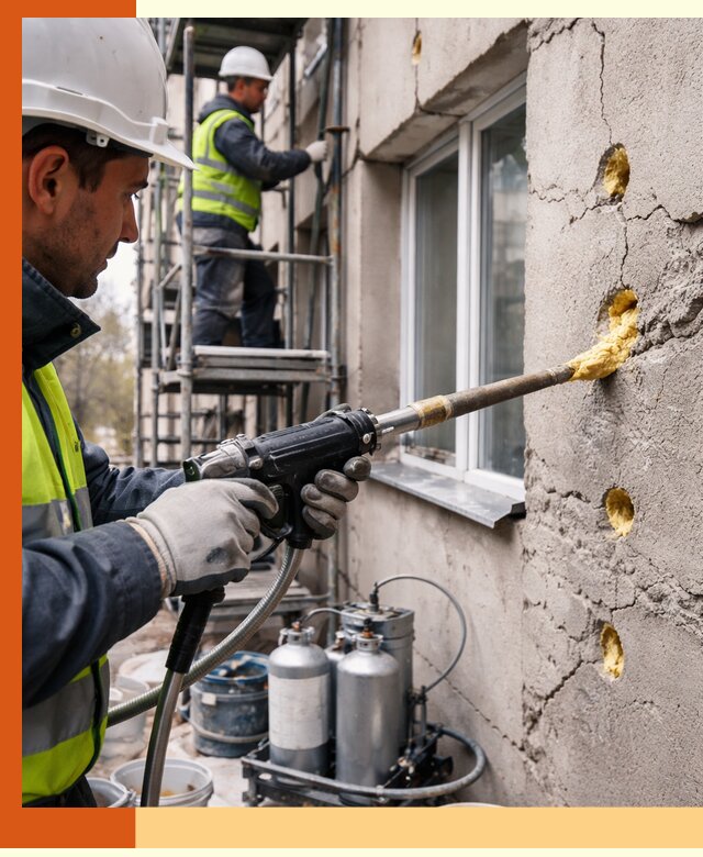 Заполнение пустот в фасаде и утепление стен в Кстово